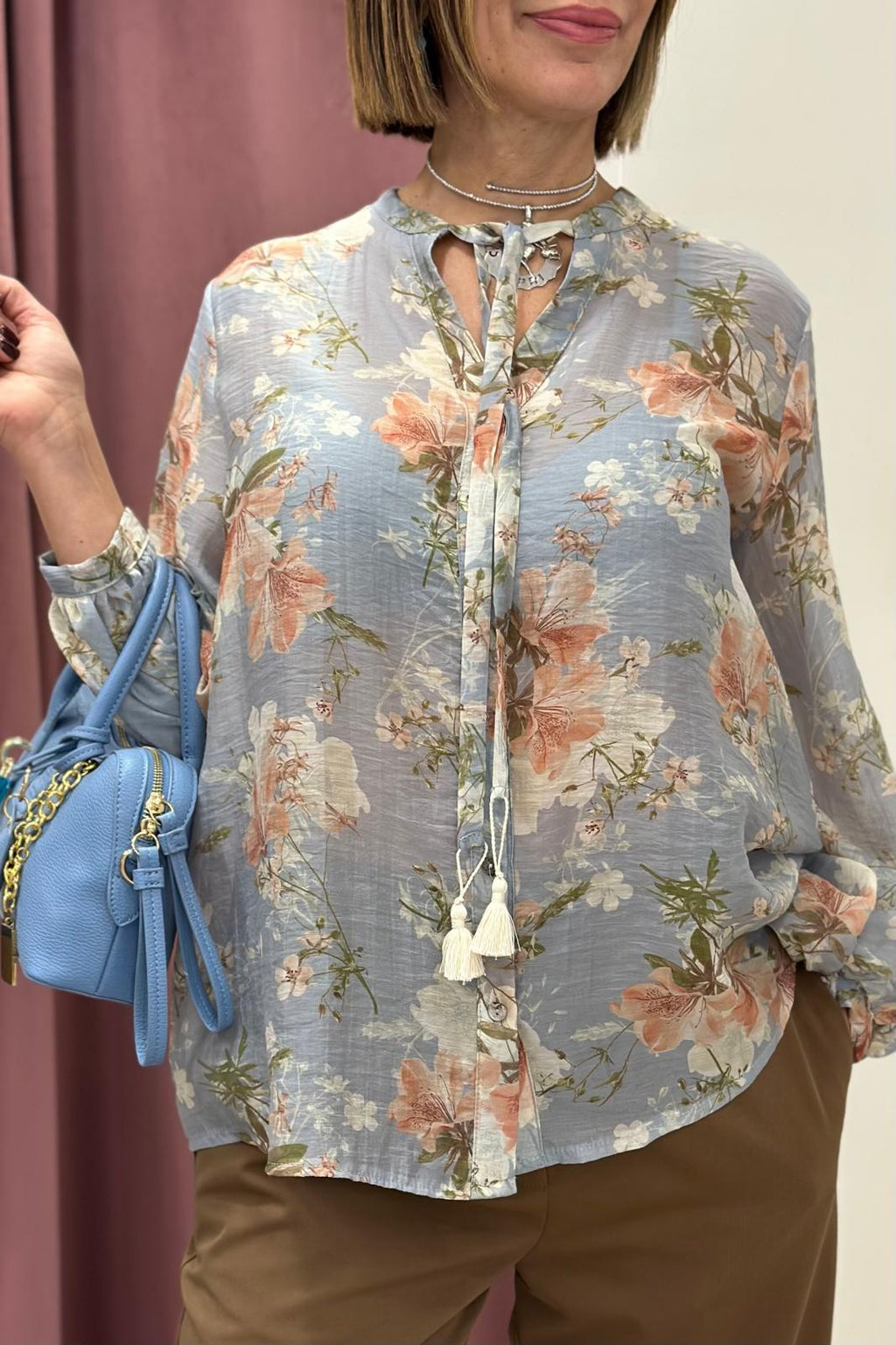 Tensione in-Camicia in mussola fantasia floreale - polvere/cipria/verde art.TI/UF1355