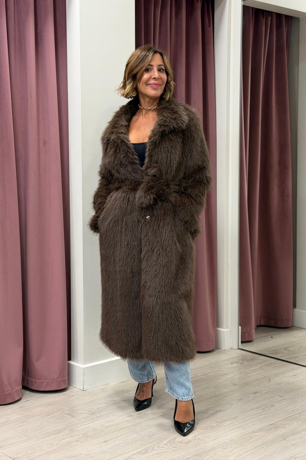 CAPPOTTO ECOPELLICCIA MORO CON CINTURA VICOLO