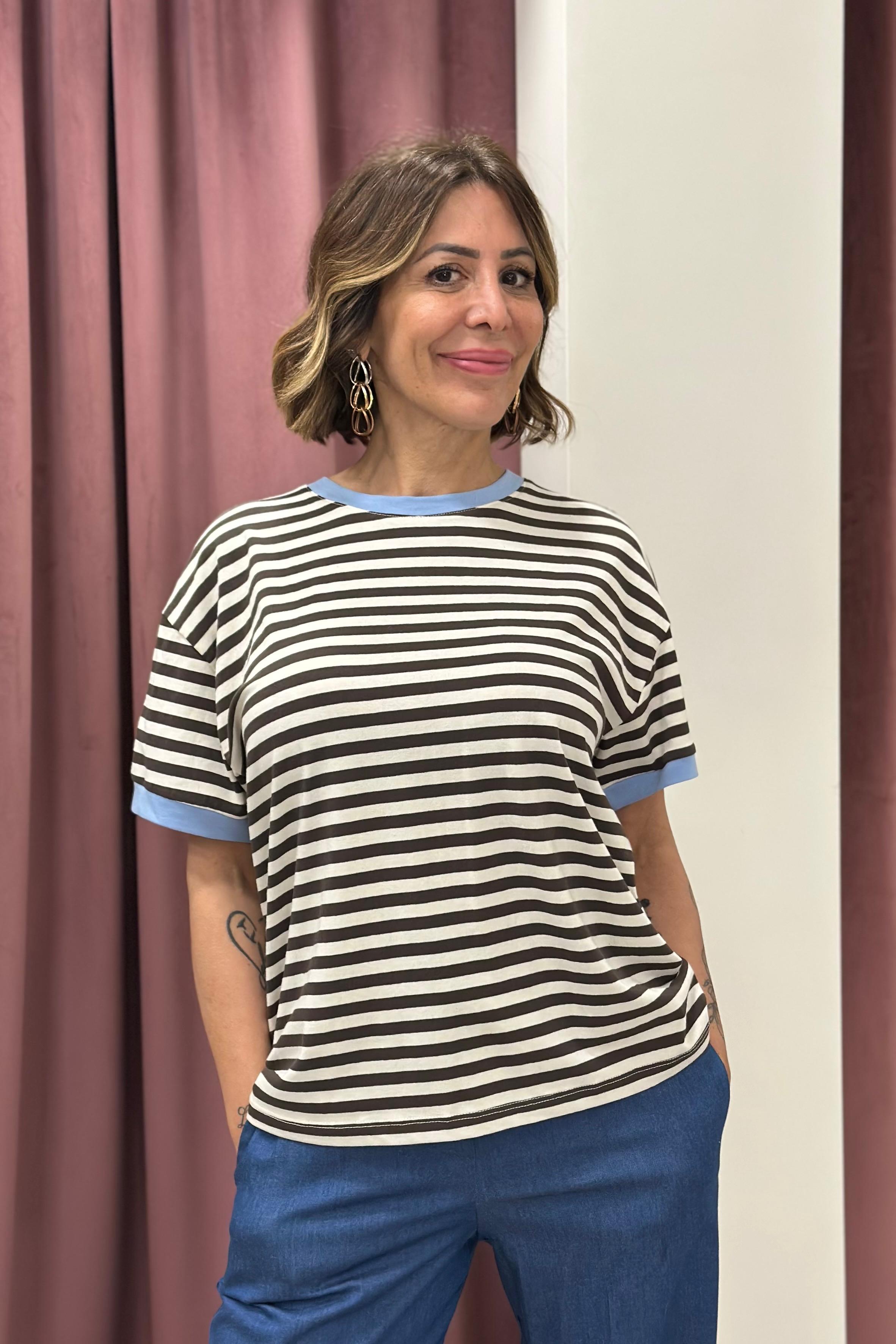 Tensione In - T-Shirt rigata mezza manica Art. 26M4893 PANNA/MORO/CELESTE