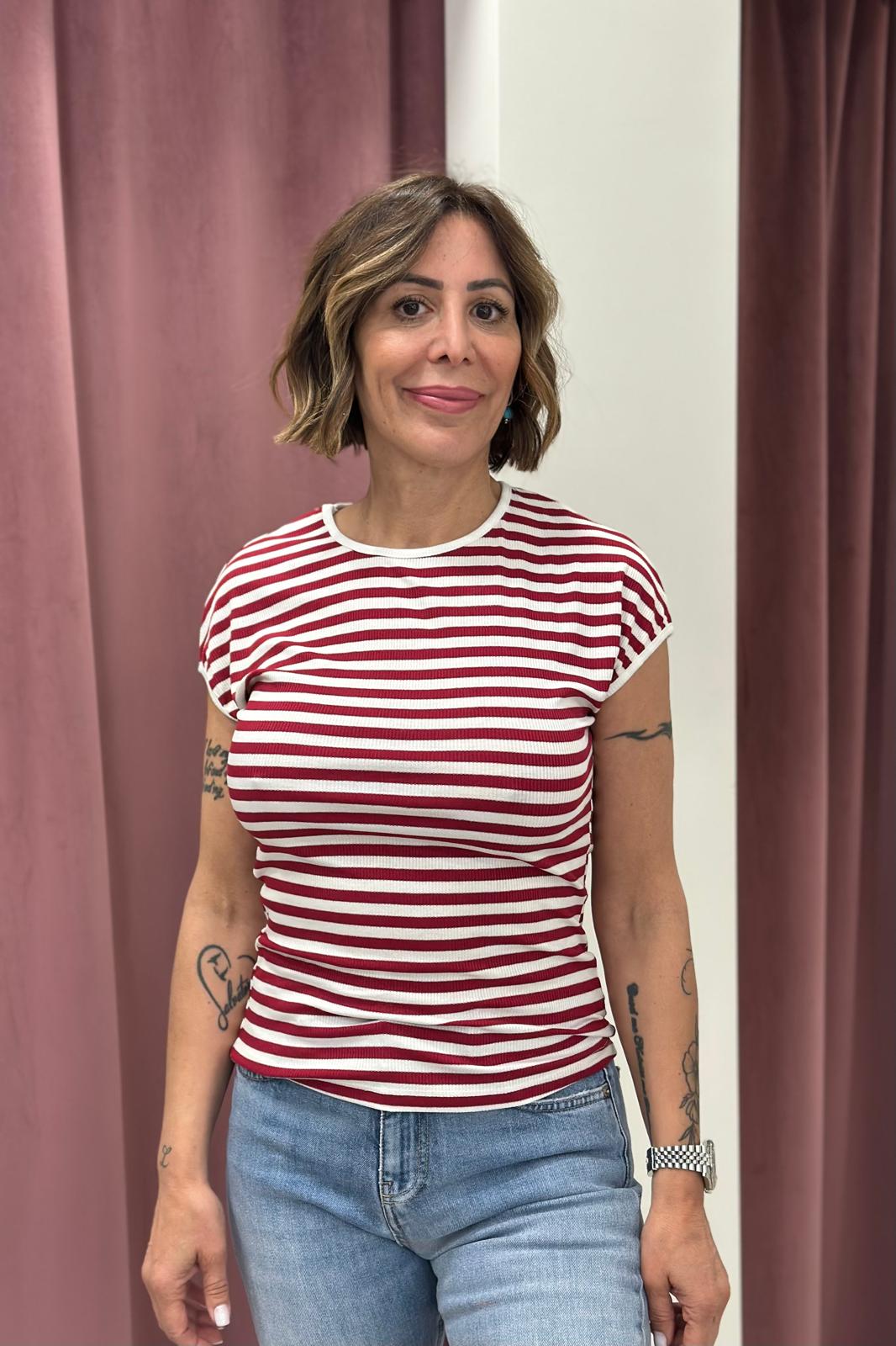 T-SHIRT RIGATA A COSTINE BIANCA/BORDEAUX
