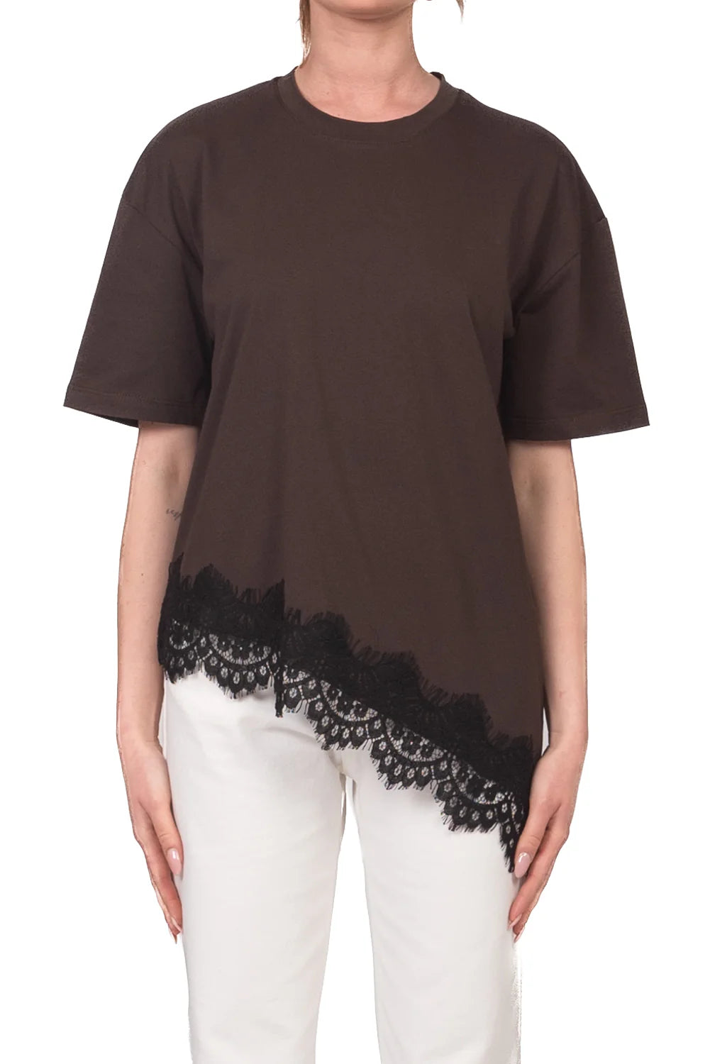 Vicolo - T-shirt asimmetrica con pizzo Art. RAB0598 MORO