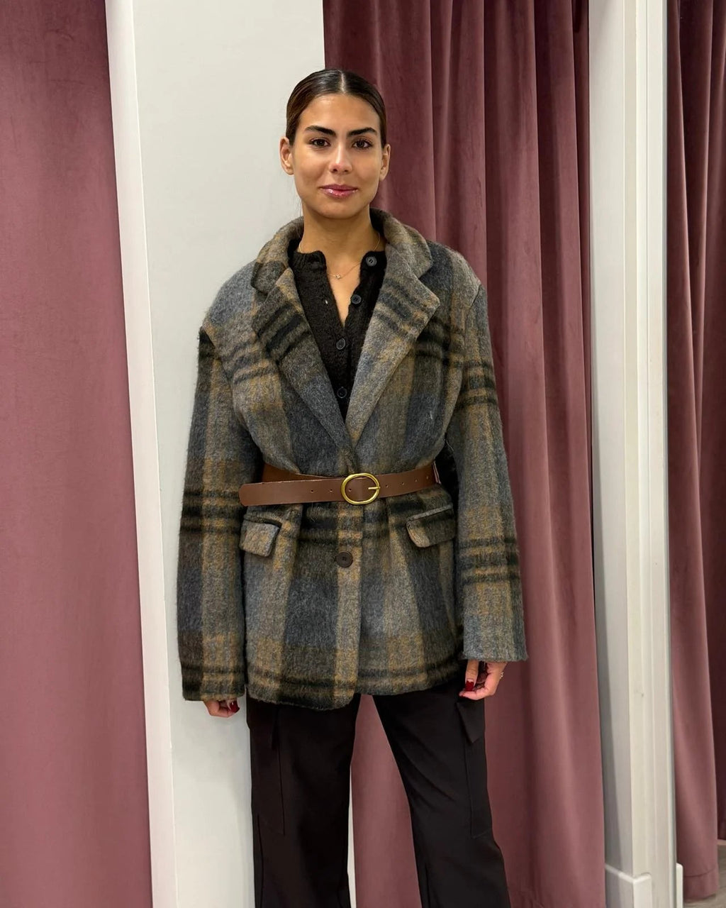 Vicolo - Giacca cappotto check con cintura Art. TF2088