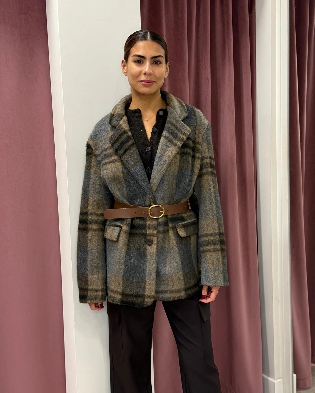 Vicolo - Giacca cappotto check con cintura Art. TF2088