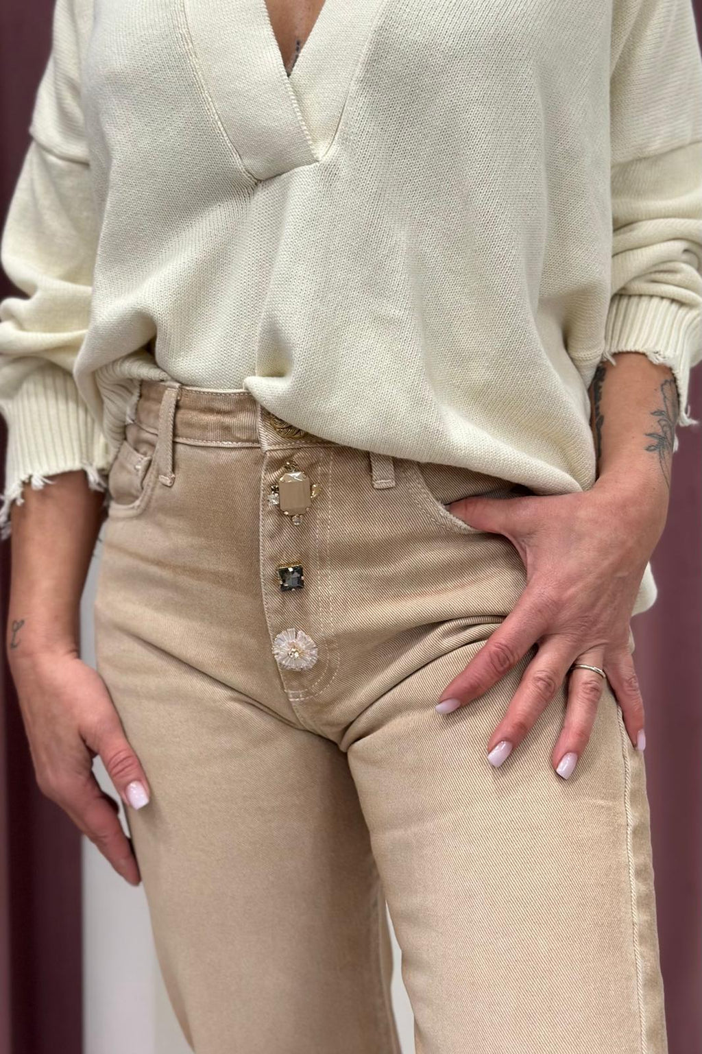 Jeans Zoe Beige Bottoni Gioiello DAB5112