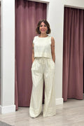 Tensione in-Pantalone gessato misto lino elastico - burro 26P5335