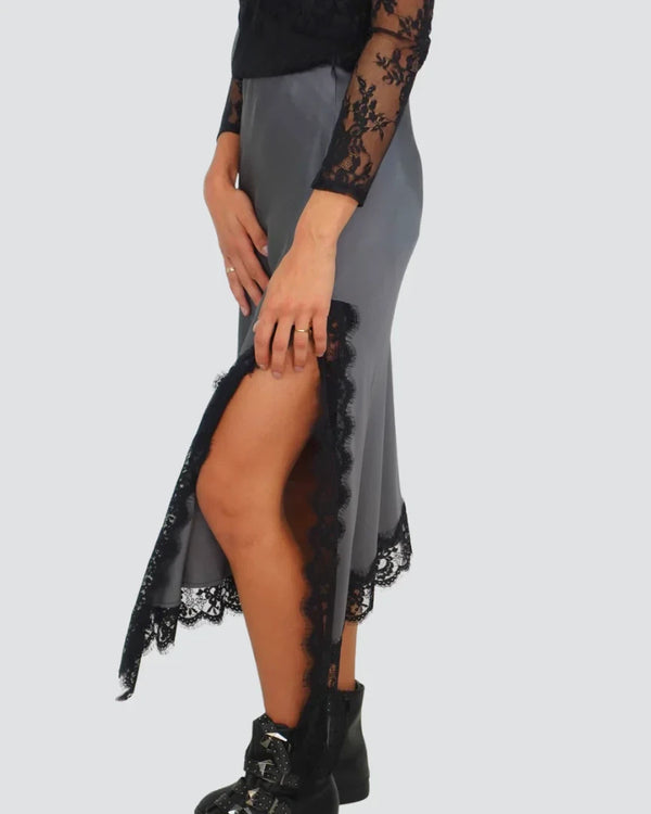 Vicolo gonna satin asimmetrica spacco laterale con pizzo 100% viscosa Art TF0995