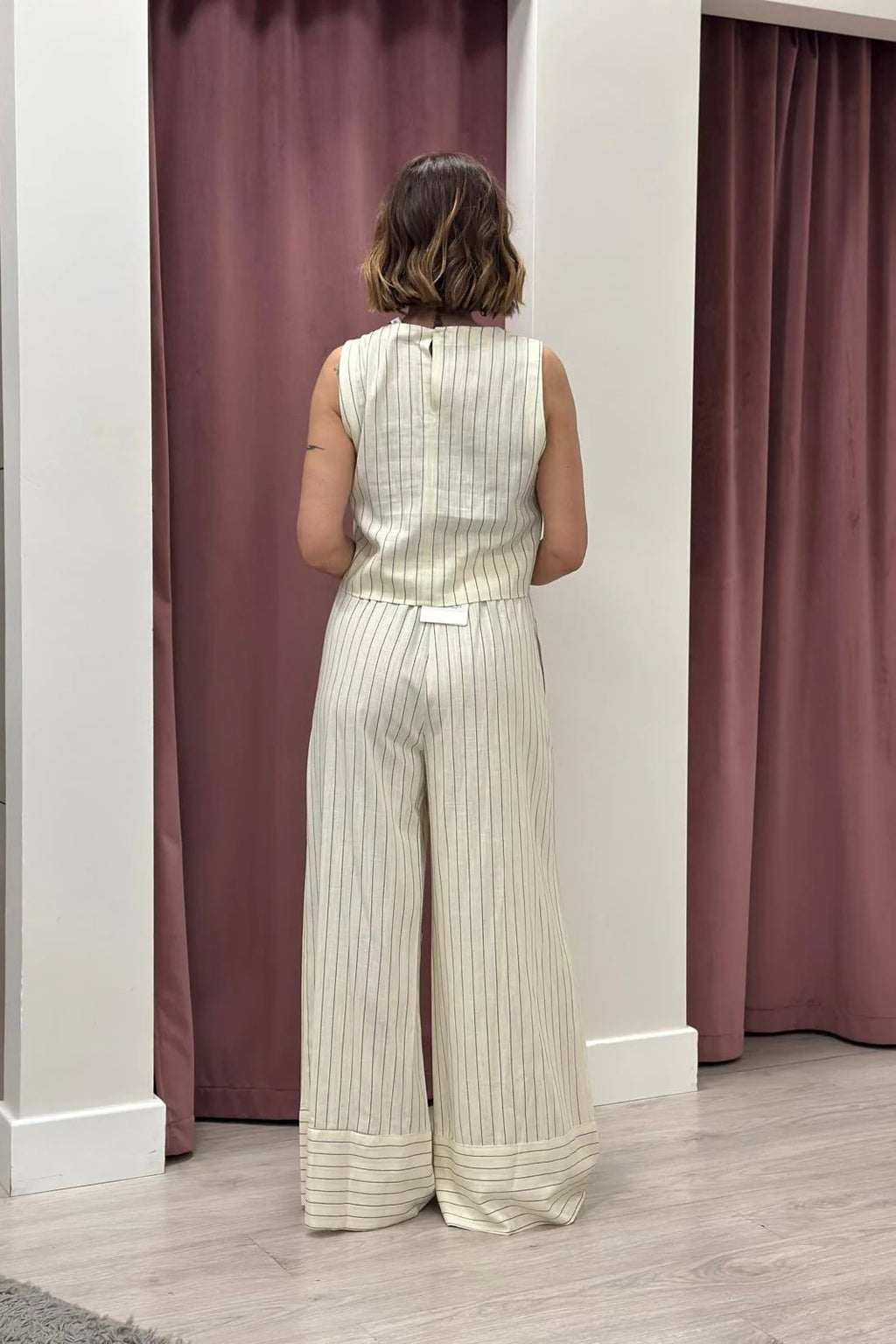 Tensione in-Pantalone gessato misto lino elastico - burro 26P5335