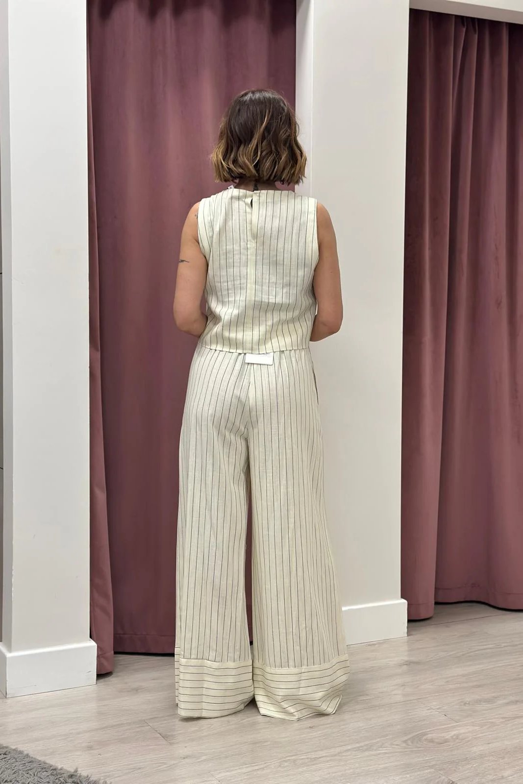 Tensione in-Pantalone gessato misto lino elastico - burro 26P5335