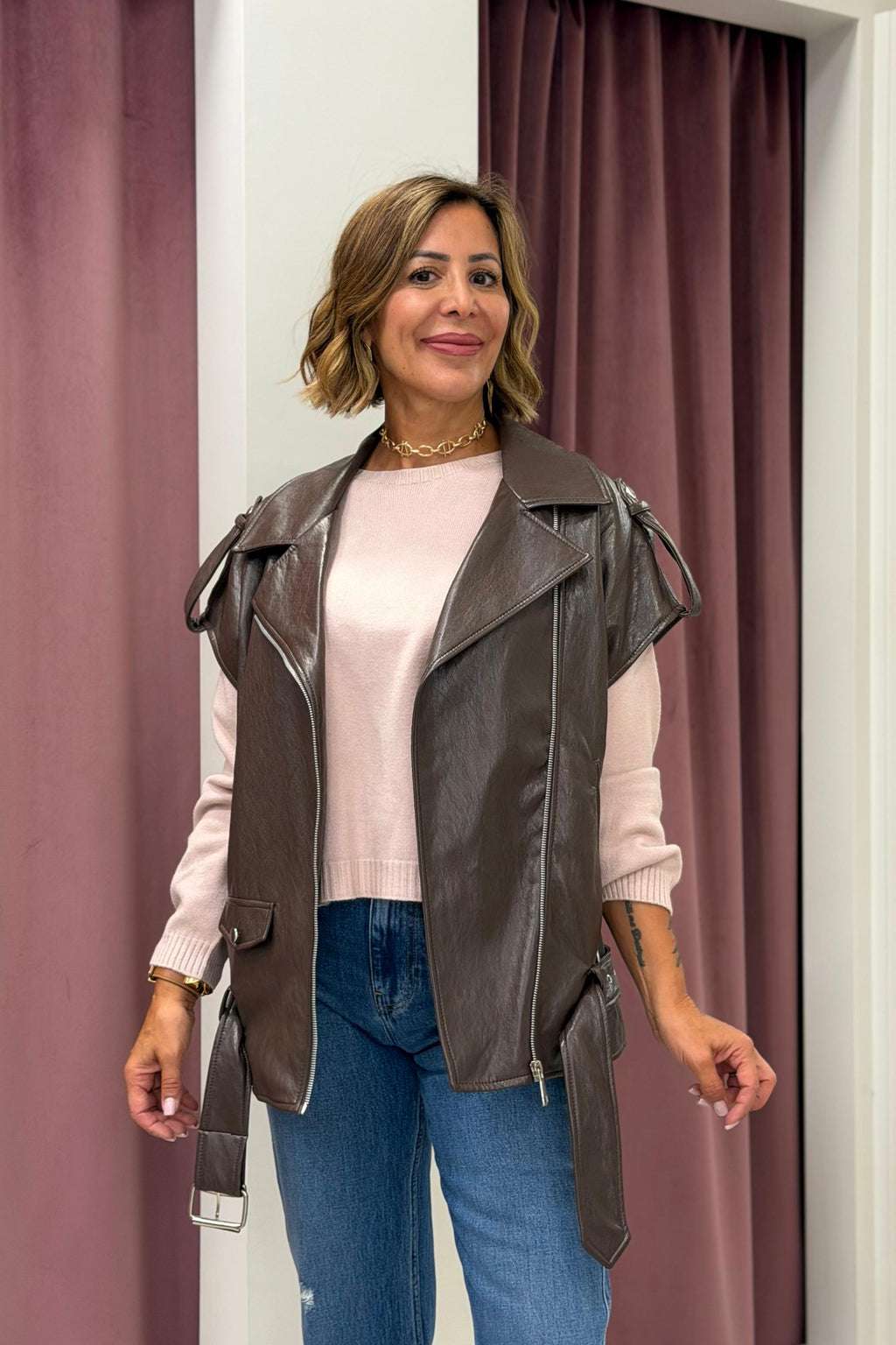 Gilet biker ecopelle martellata moro oversize - HaveOne
