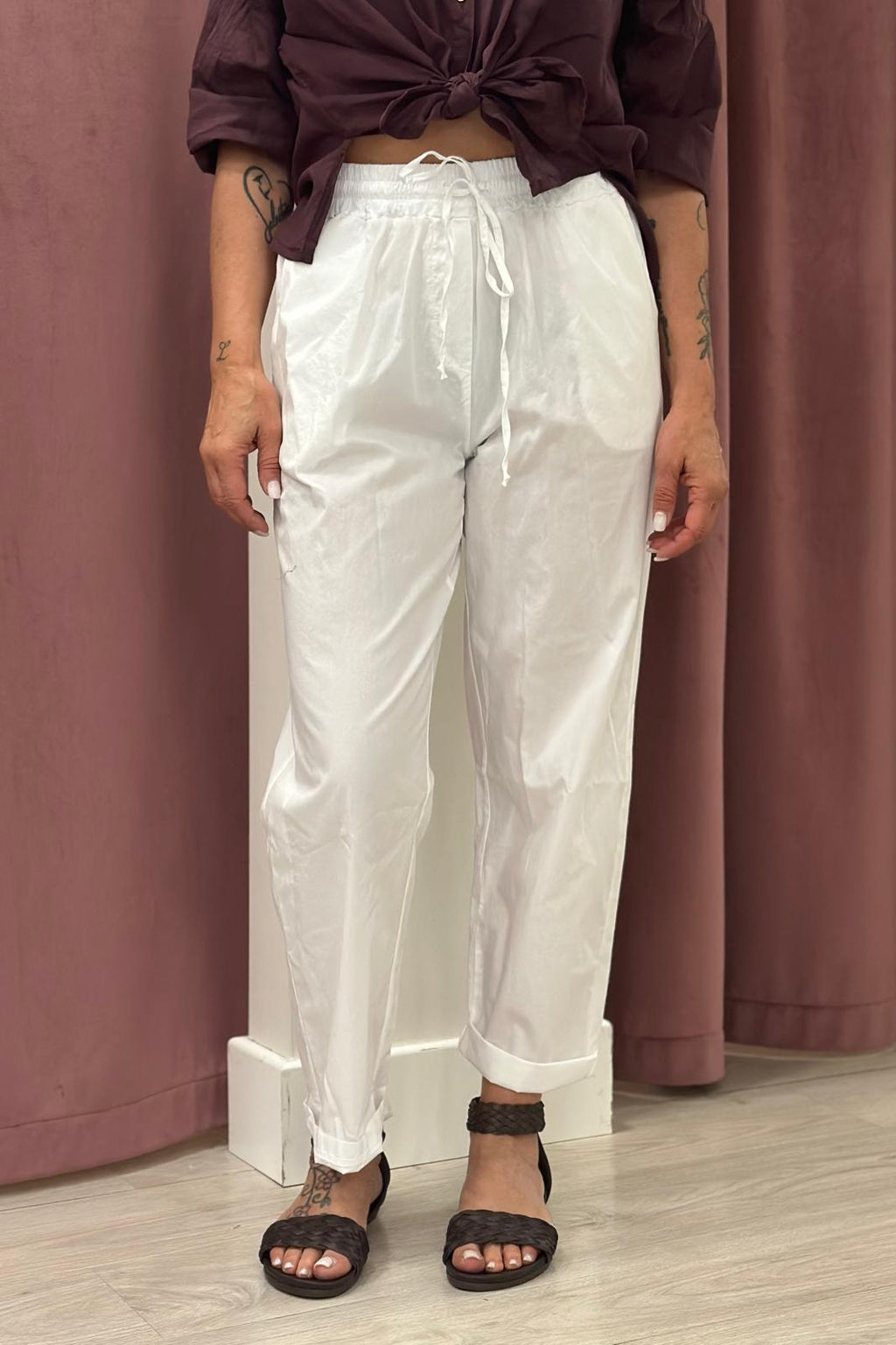 Haveone-Pantalone 100% cotone con coulisse - bianco PFL-Q565