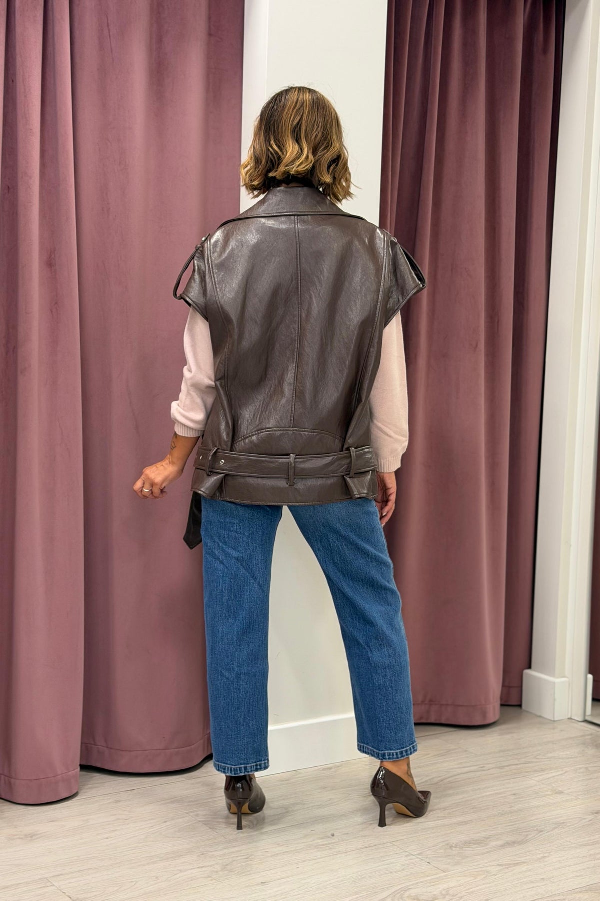 Gilet biker ecopelle martellata moro oversize - HaveOne