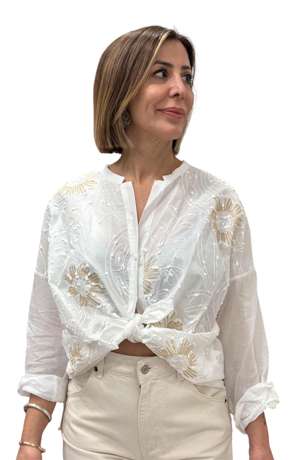 CAMICIA IN MUSSOLA DI COTONE CON RICAMI BIANCA