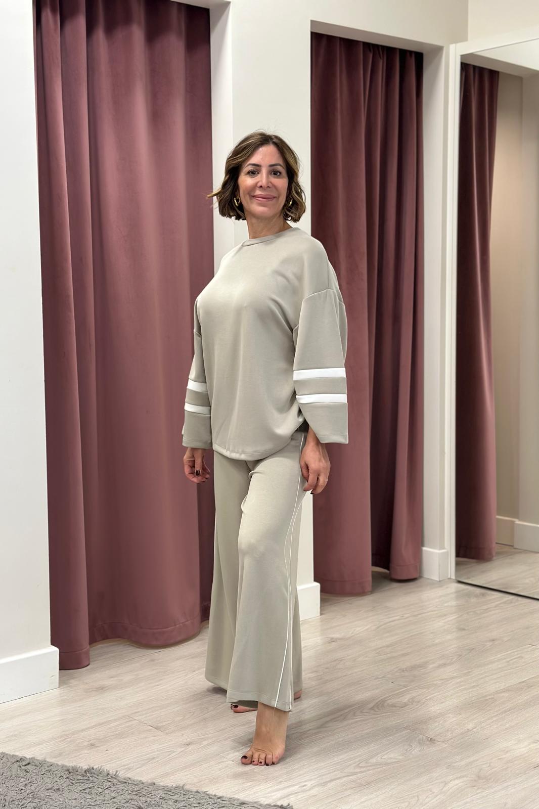 Pantalone felpa wide leg - salvia/burro PMI-Q016