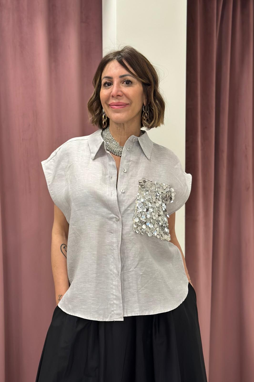 Camicia 100% lino tasca paillette – Tensione in S26CH12 GRIGIA