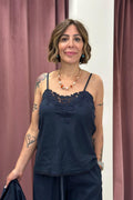 TOP LINO E VISCOSA BLU CON PIZZO