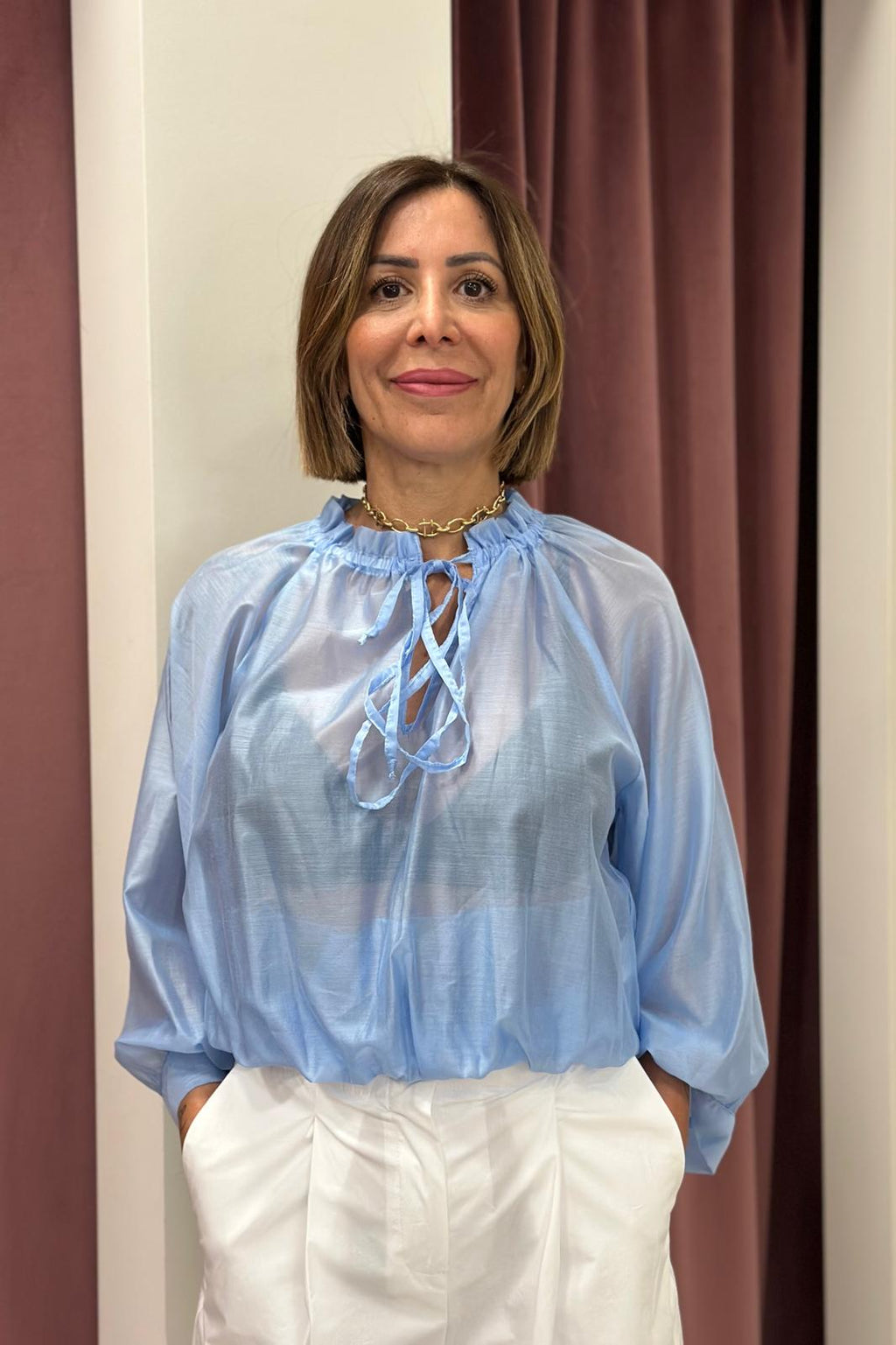 BLUSA IN MUSSOLA TENSIONE IN 33131 AZZURRA