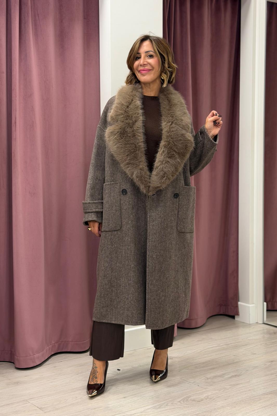 Cappotto da donna con lana VICOLO FANGO COLLO PELLICCIA REMOVIBILE