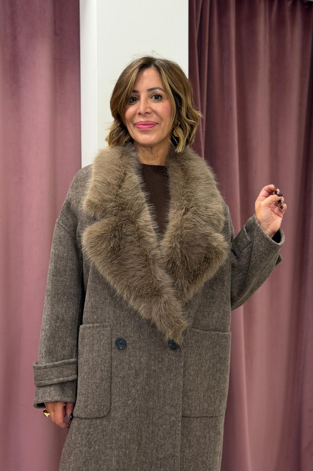 Cappotto da donna con lana VICOLO FANGO COLLO PELLICCIA REMOVIBILE