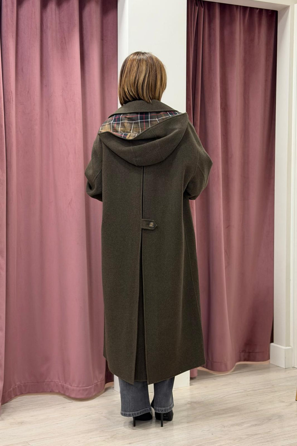 cappotto lungo check cappuccio - Verde militare VICOLO OVER