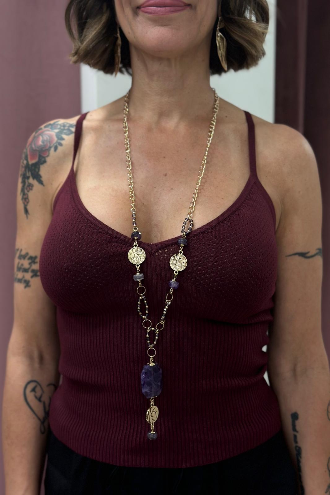 COLLANA LUNGA DORATA CON PIETRA VIOLA