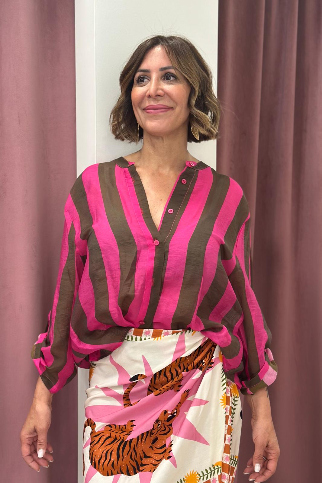 Have One - Camicia rigata collo coreano Art. CVS-Q422  FUCSIA/MORO