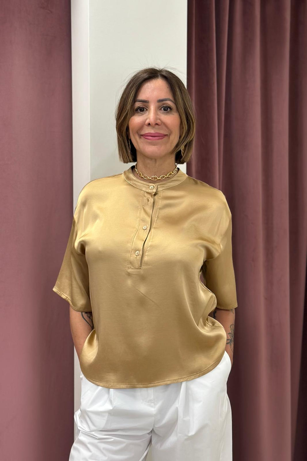 Tensione in-Blusa scatola serafino satin elasticizzato 26222V39 BRONZO