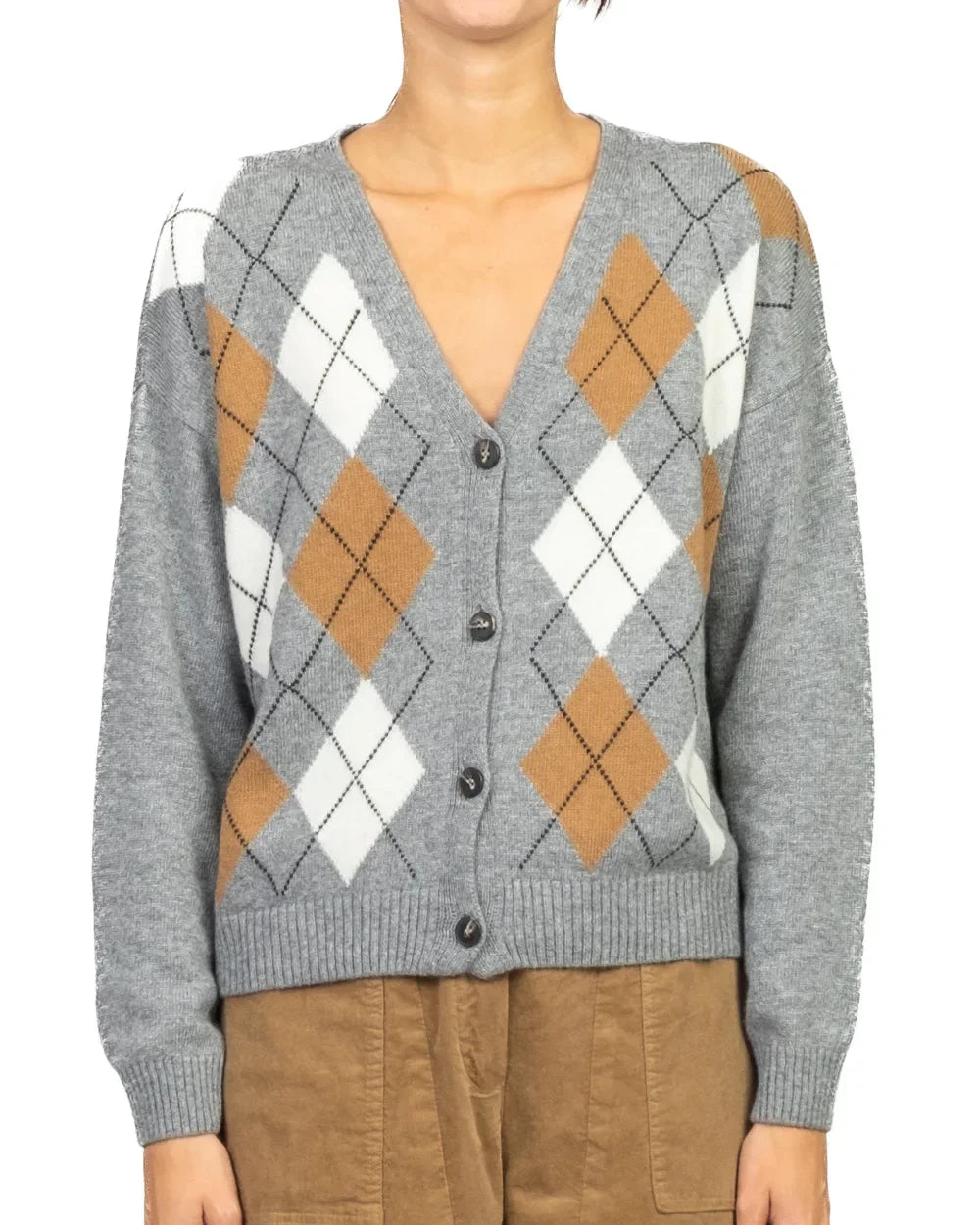 Tensione In - Cardigan rombi scollo V Art. D82038 GRIGIO/CAMMELLO/PANNA