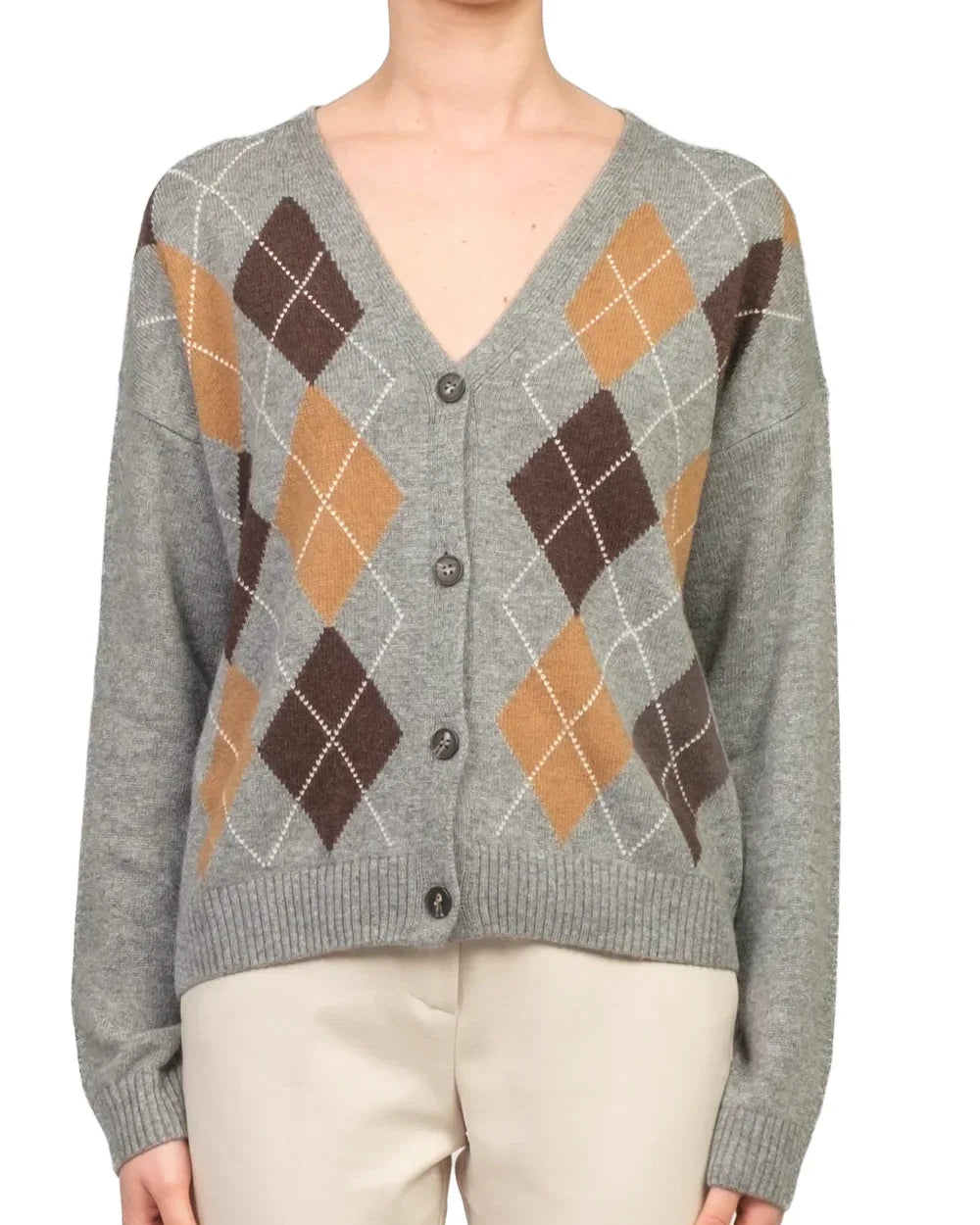 Cardigan rombi scollo V Art. D82038  Grigio/Cammello/Moro