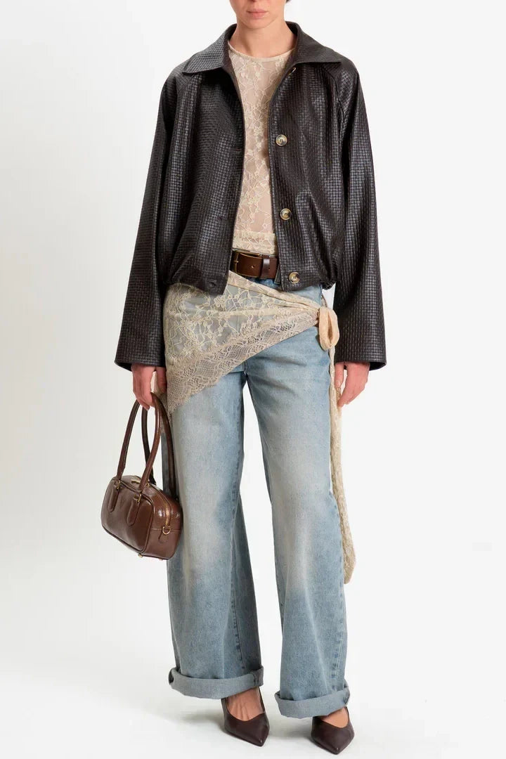 Haveone-Bomber similpelle intrecciata - moro KNO-Q056