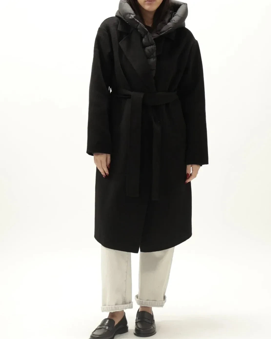 cappotto beige con inserti in piumino con cinta 50% lana hand made