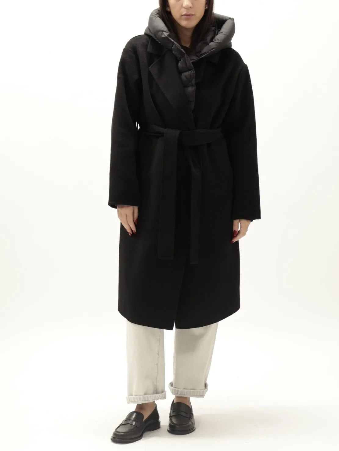 cappotto beige con inserti in piumino con cinta 50% lana hand made