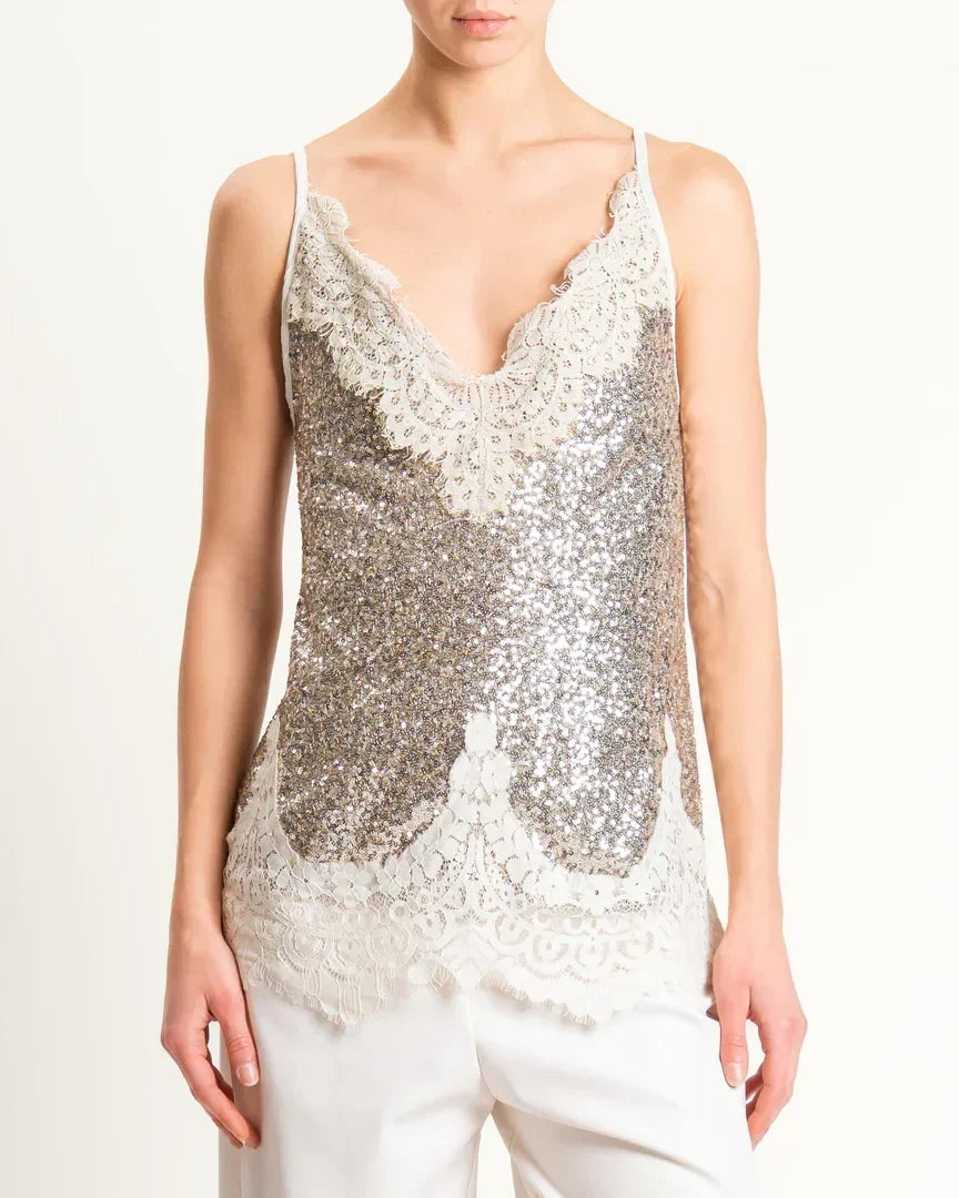 Tensione in-Top paillettes con pizzo - champagne TE37980