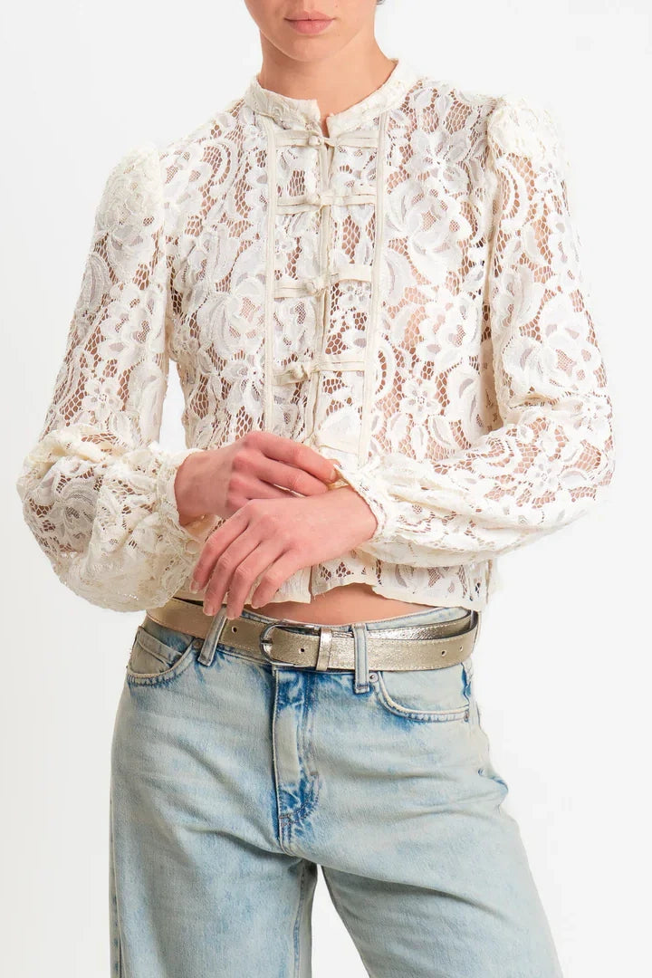 Tensione in-Camicia mandarin pizzo macramè - burro