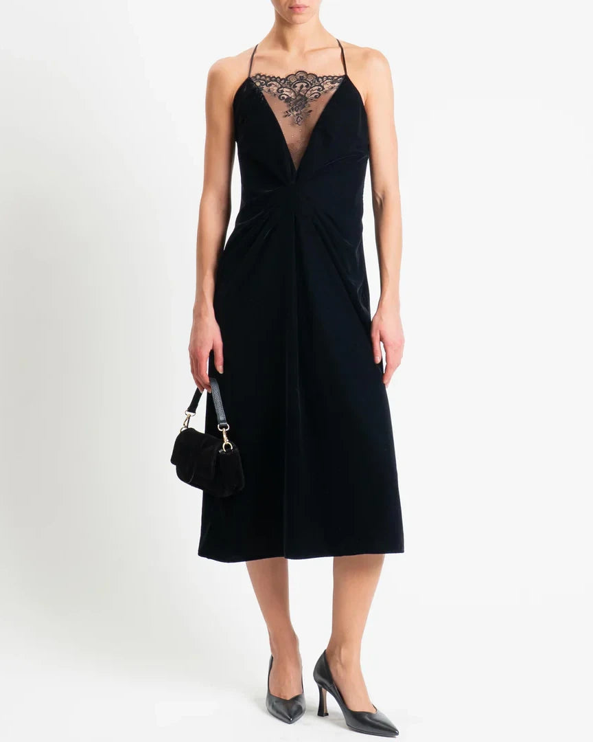 Vicolo-Abito velluto con pizzo - nero TF0400