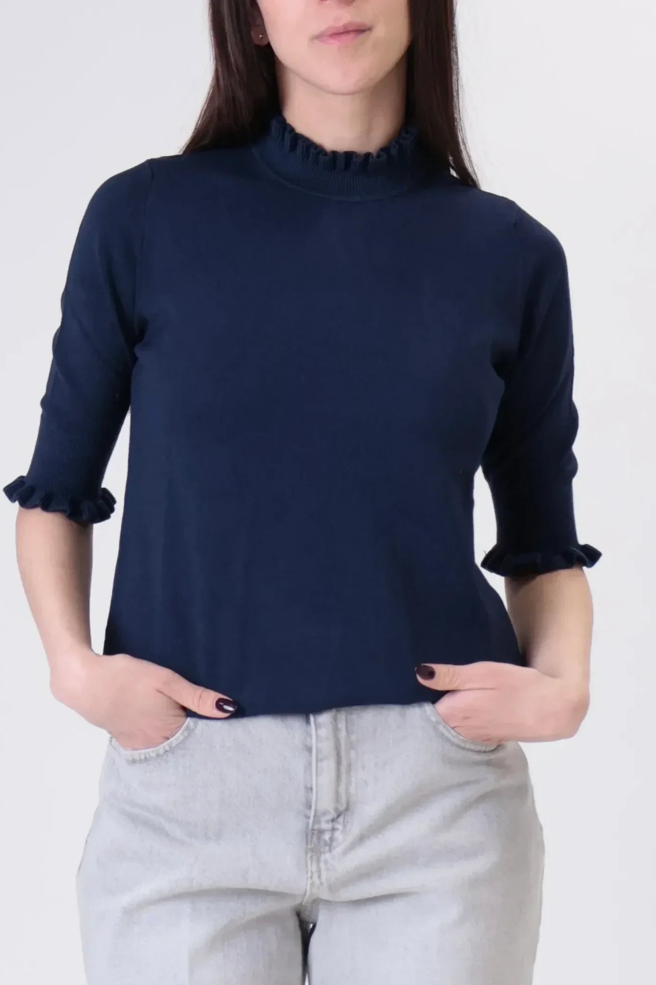 Maglia rouches mezza manica blu MNC-P449